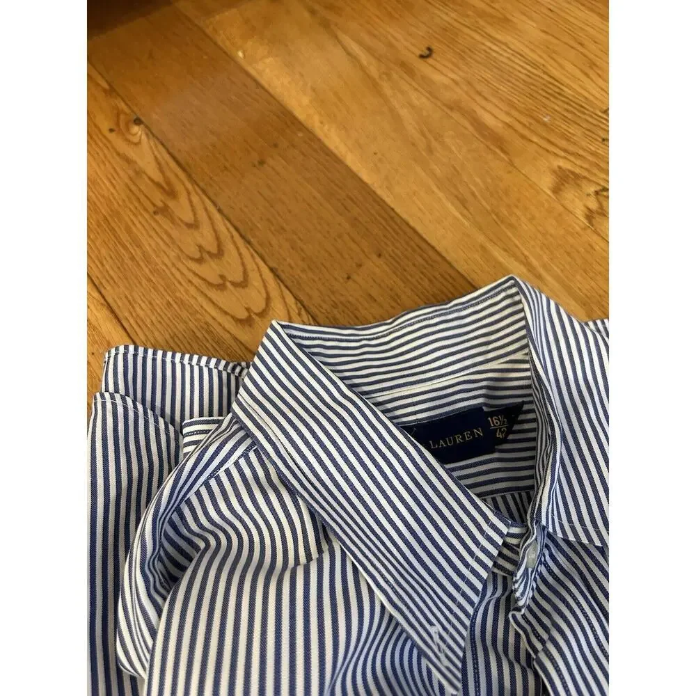 Two Ralph Lauren Polo Button Down Striped‎ Dress Shirt Size 16.5 42 Purple/ Blue - Picture 3 of 9